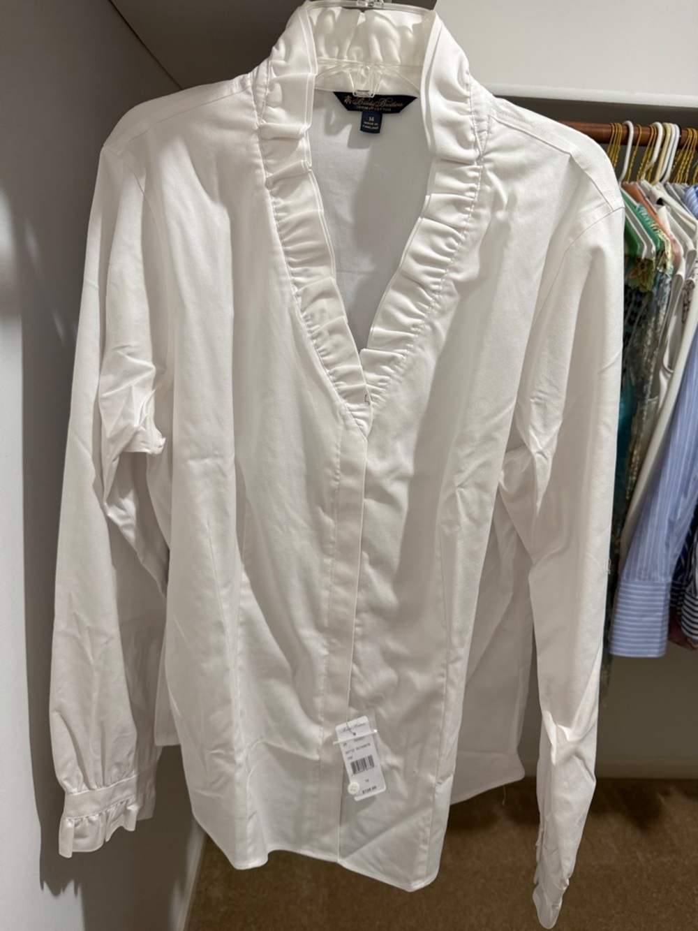 Brooks Brothers White Ruffle V-Neck Long Sleeve Dress Shirt